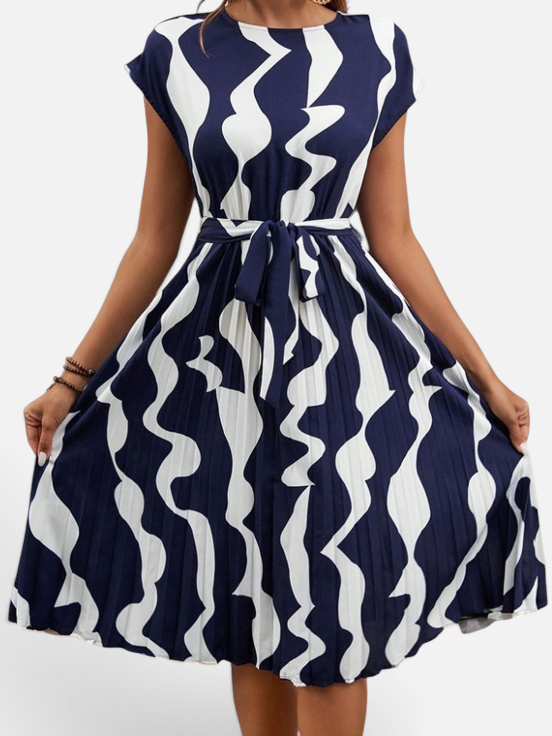 Perfee Tied Pleated Printed Cap Sleeve Dress - Rochelle's House LLC