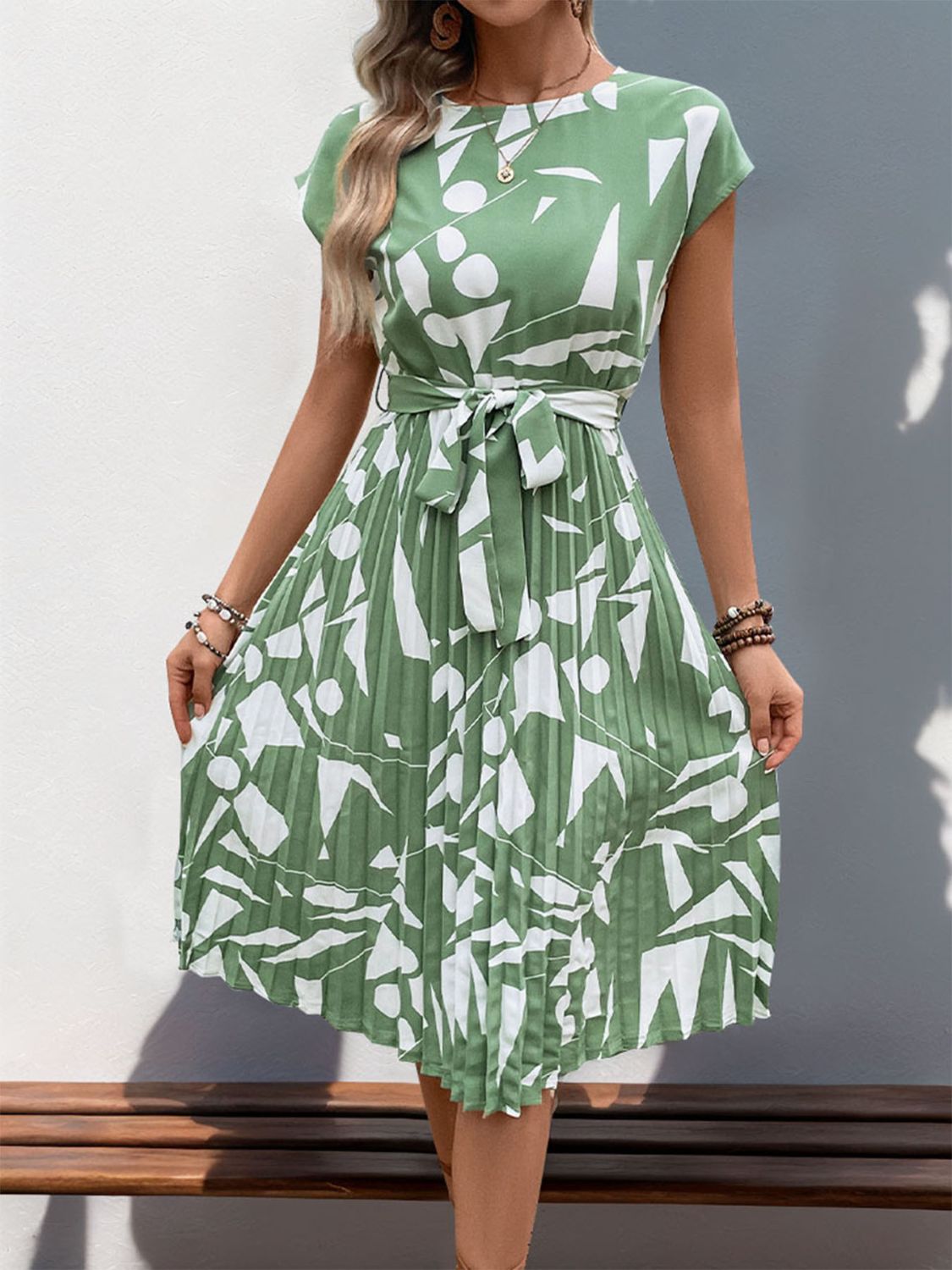 Perfee Tied Pleated Printed Cap Sleeve Dress - Rochelle's House LLC
