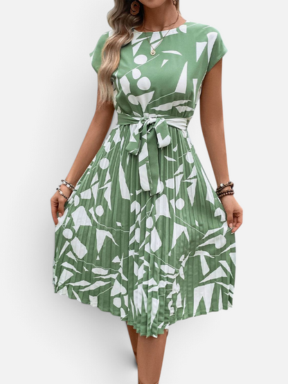 Perfee Tied Pleated Printed Cap Sleeve Dress - Rochelle's House LLC