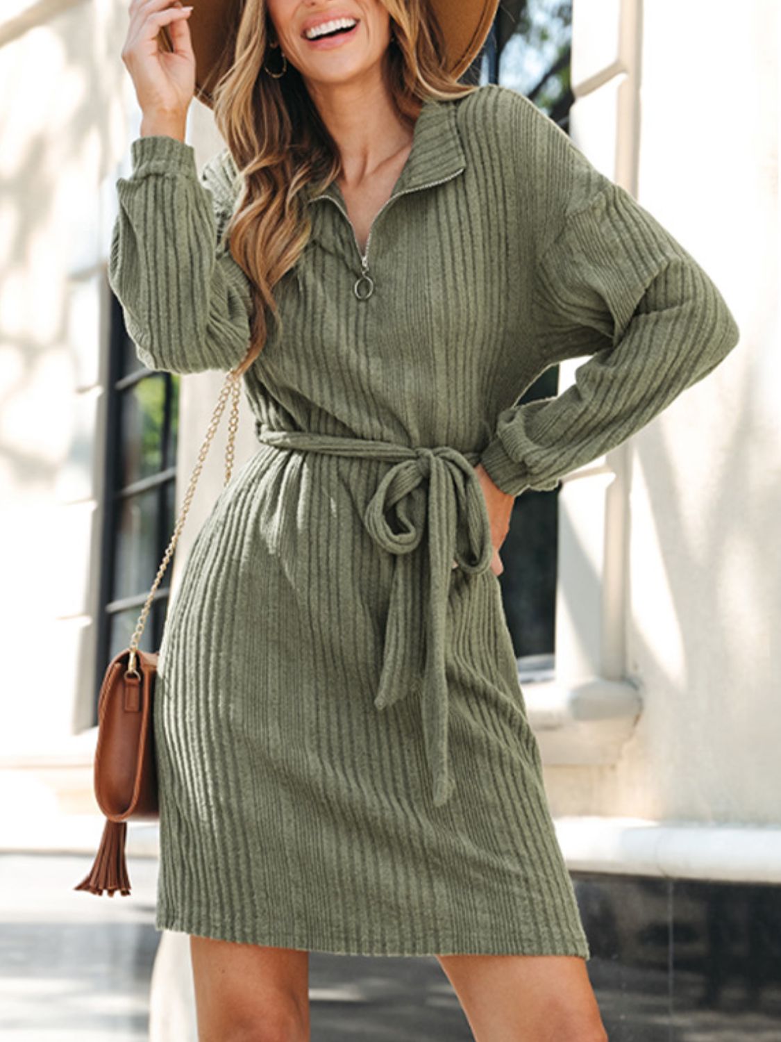 Perfee Tied Quarter Zip Long Sleeve Dress - Rochelle's House LLC