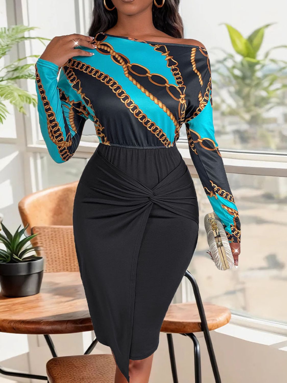 Perfee Twisted Printed Long Sleeve Dress - Rochelle's House LLC