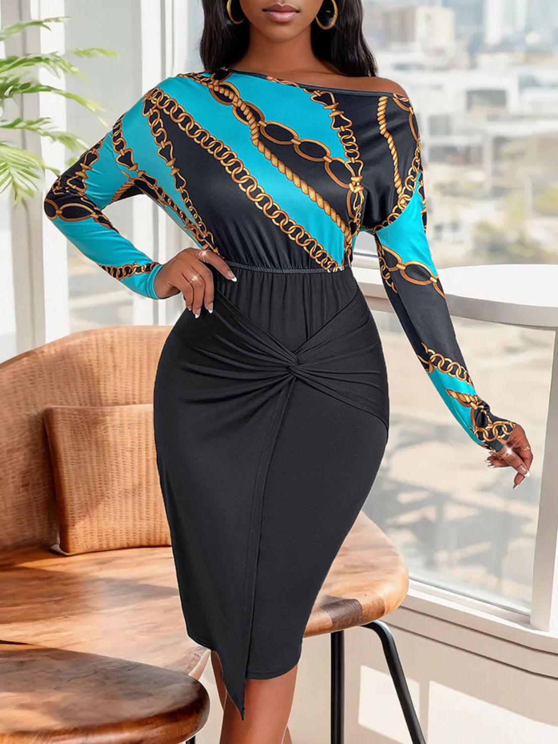 Perfee Twisted Printed Long Sleeve Dress - Rochelle's House LLC