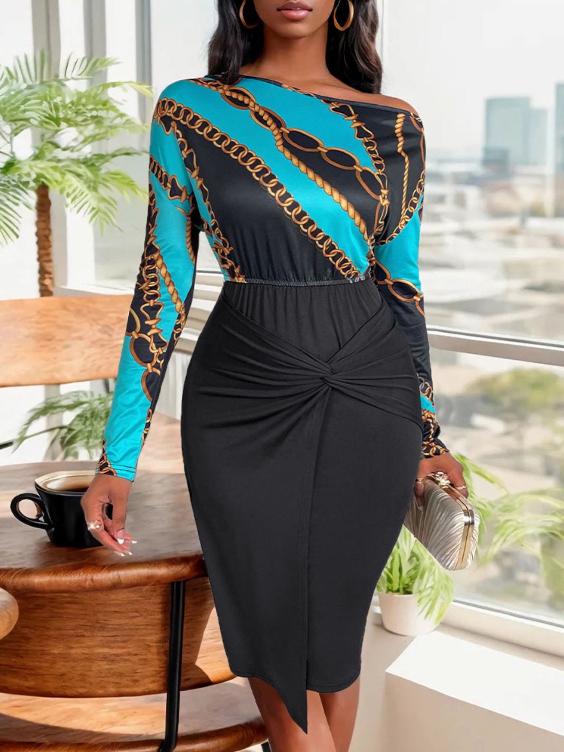 Perfee Twisted Printed Long Sleeve Dress - Rochelle's House LLC