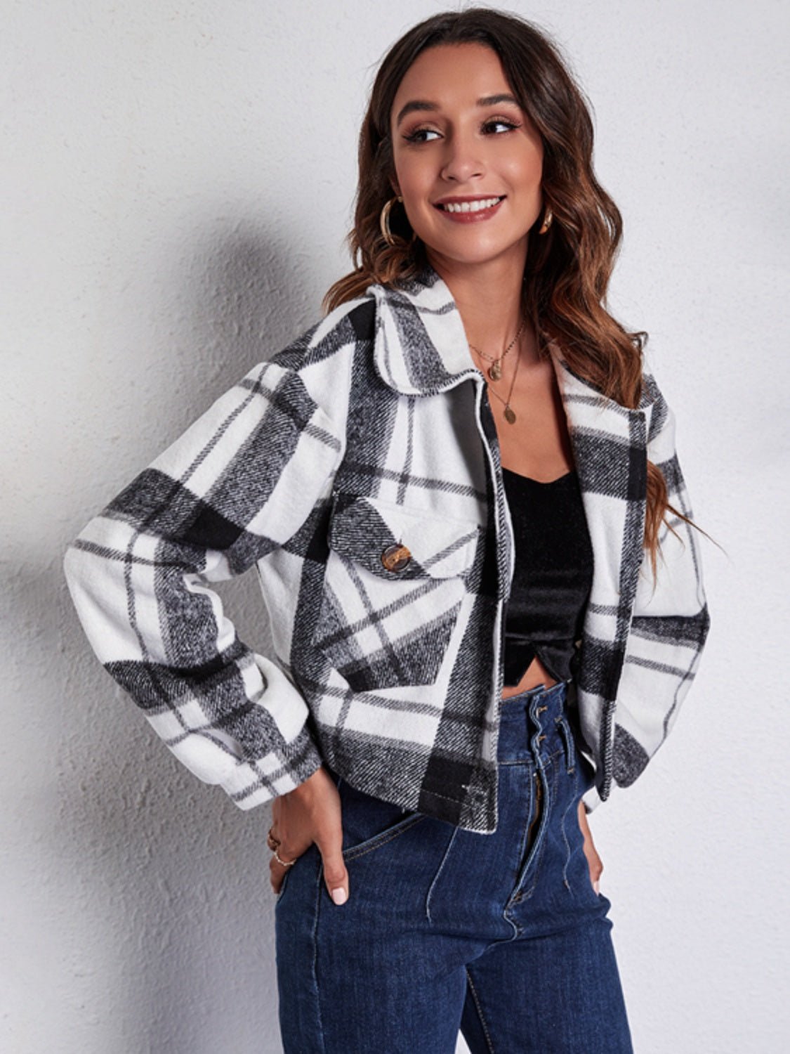 Front view of Plaid Button Front Jacket with Pockets in White showing neckline and sleeve details