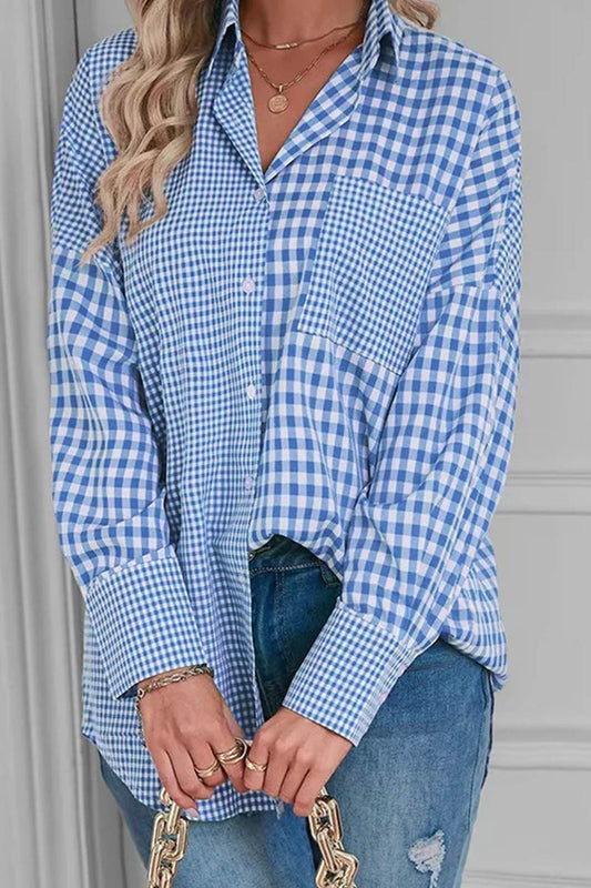 Front view of Plaid Button Up Long Sleeve Shirt in Light Blue showing neckline and sleeve details