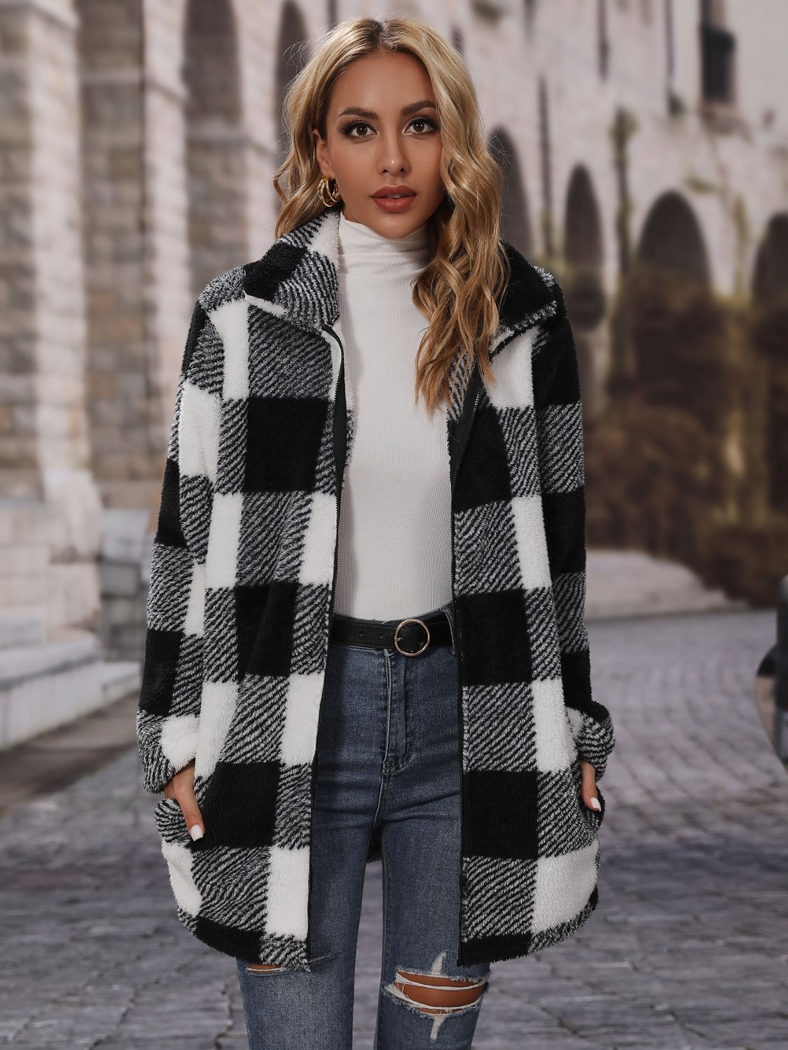 Plaid Collared Neck Coat with Pockets - Rochelle's House LLC