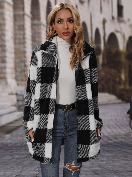 Plaid Collared Neck Coat with Pockets - Rochelle's House LLC