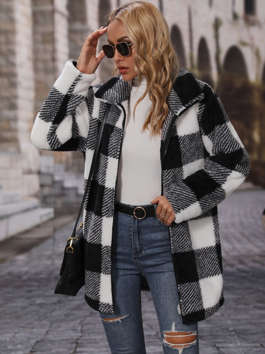 Plaid Collared Neck Coat with Pockets - Rochelle's House LLC