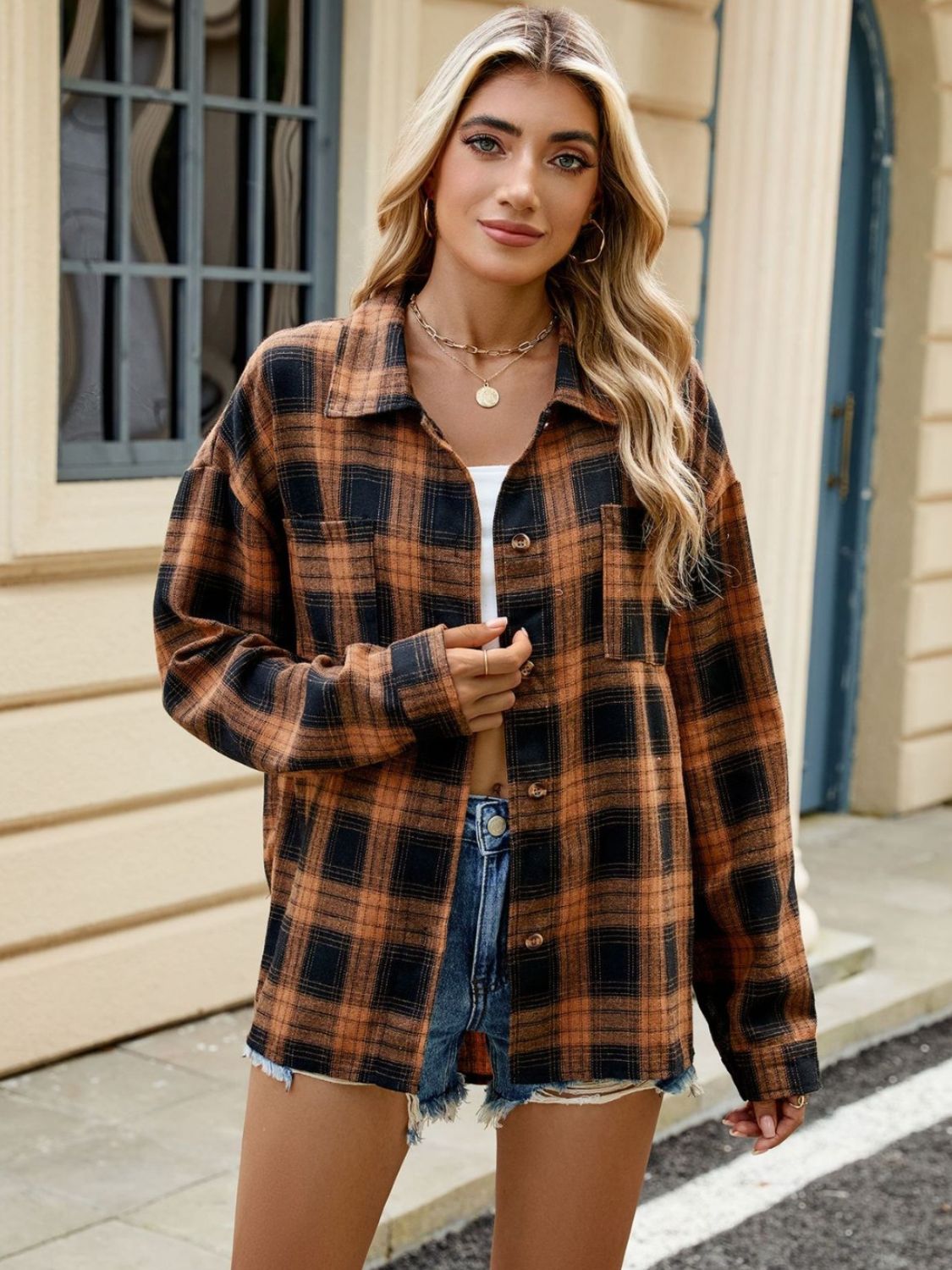 Plaid Collared Neck Long Sleeve Shirt - Rochelle's House LLC