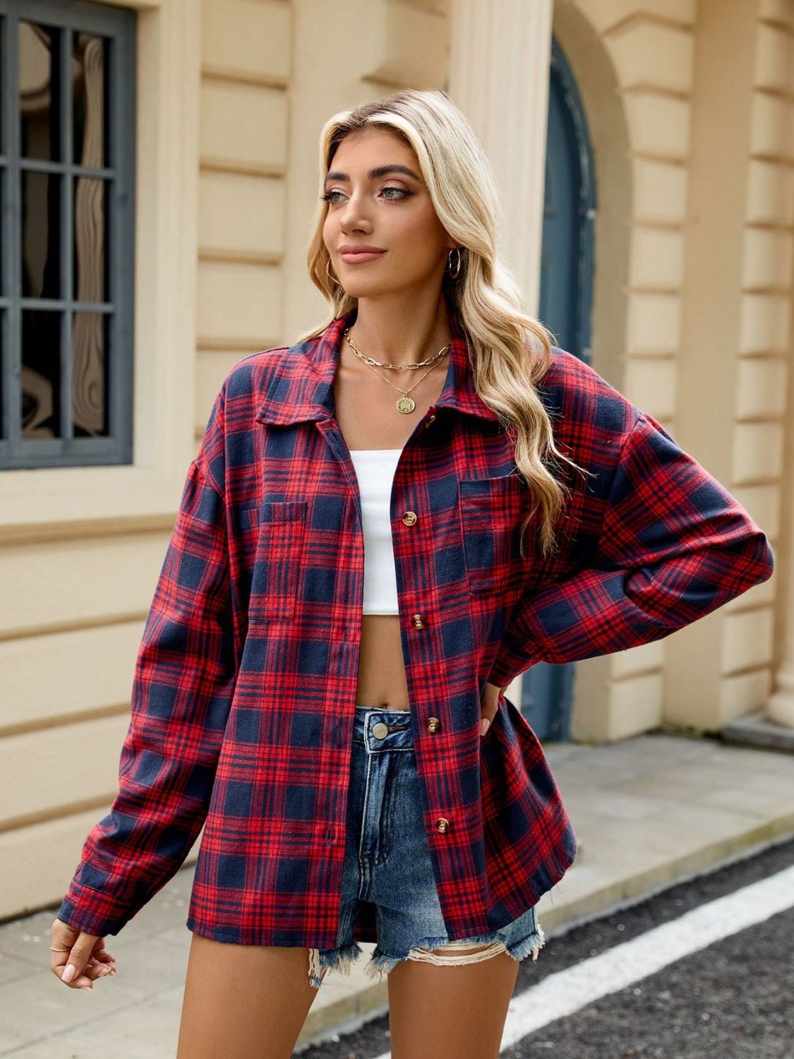 Plaid Collared Neck Long Sleeve Shirt - Rochelle's House LLC