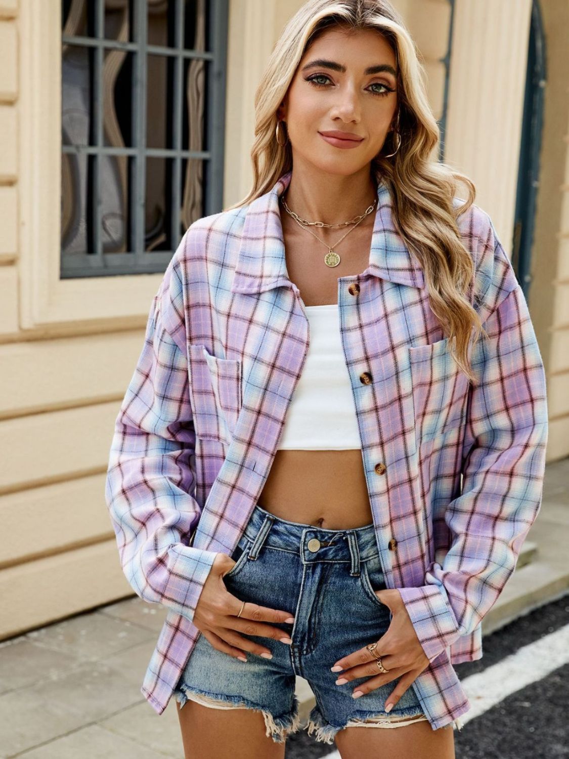 Plaid Collared Neck Long Sleeve Shirt - Rochelle's House LLC