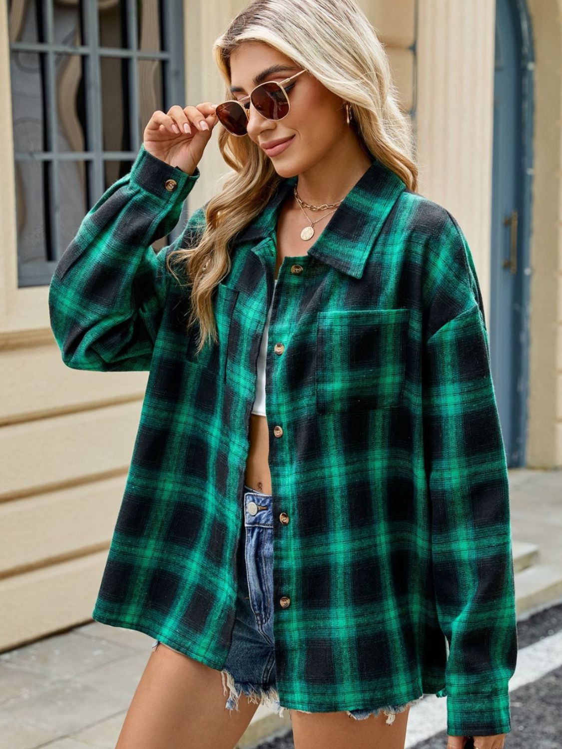 Plaid Collared Neck Long Sleeve Shirt - Rochelle's House LLC
