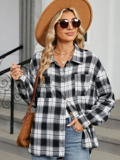 Plaid Collared Neck Long Sleeve Shirt - Rochelle's House LLC