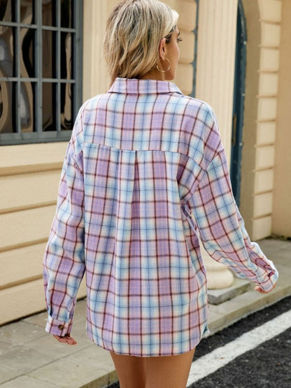 Plaid Collared Neck Long Sleeve Shirt - Rochelle's House LLC