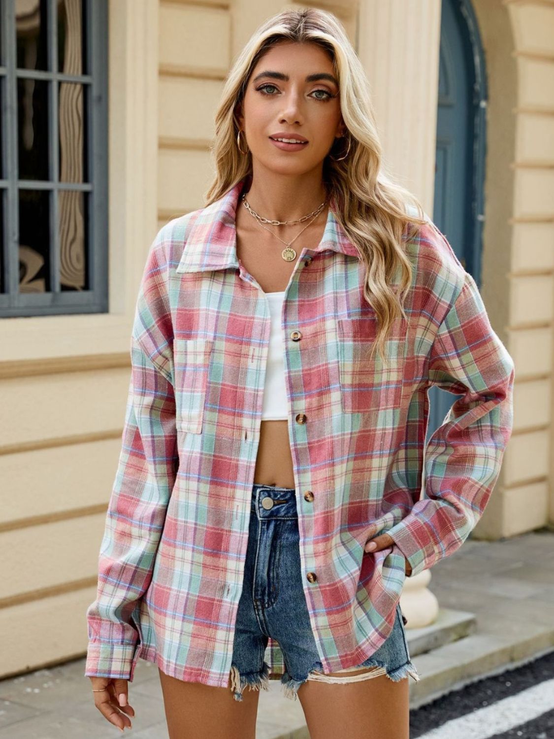 Plaid Collared Neck Long Sleeve Shirt - Rochelle's House LLC