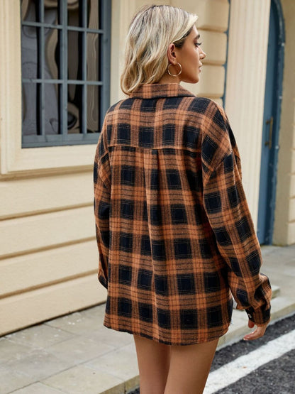 Plaid Collared Neck Long Sleeve Shirt - Rochelle's House LLC