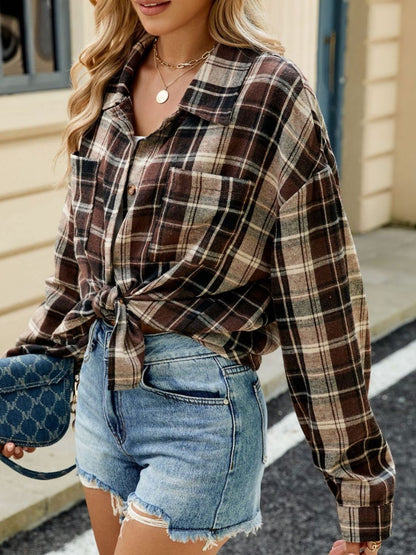 Plaid Collared Neck Long Sleeve Shirt - Rochelle's House LLC