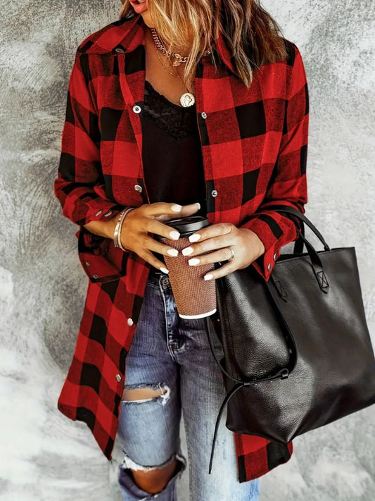 Plaid Collared Neck Snap Down Long Sleeve Jacket - Rochelle's House LLC