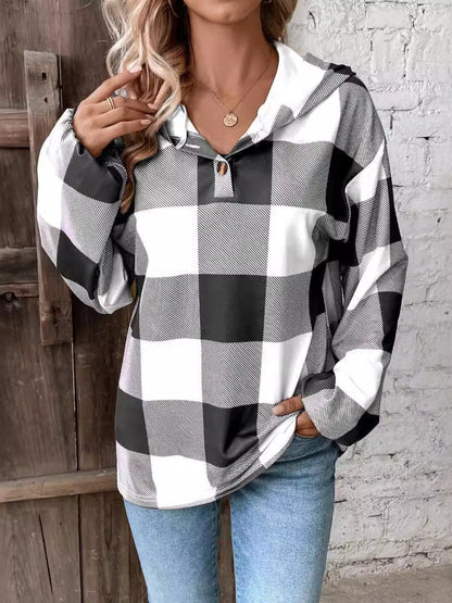 Plaid Dropped Shoulder Long Sleeve Hoodie - Rochelle's House LLC