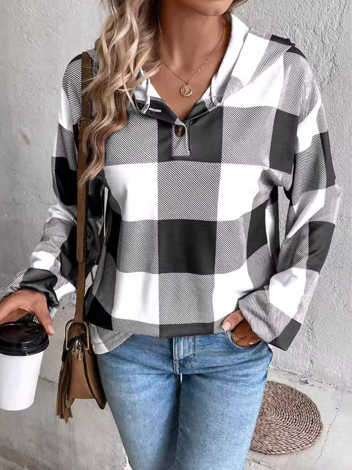 Plaid Dropped Shoulder Long Sleeve Hoodie - Rochelle's House LLC