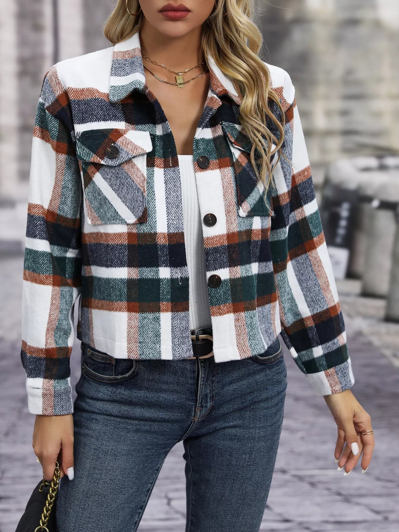 Plaid Oversized Button - Up Cropped Jacket - Rochelle's House LLC