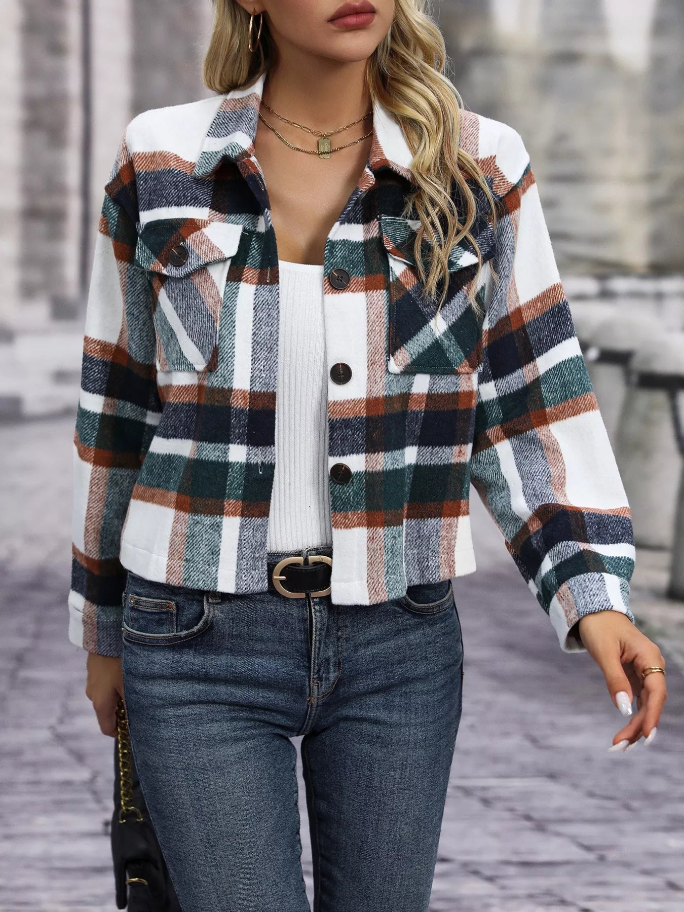 Plaid Oversized Button - Up Cropped Jacket - Rochelle's House LLC