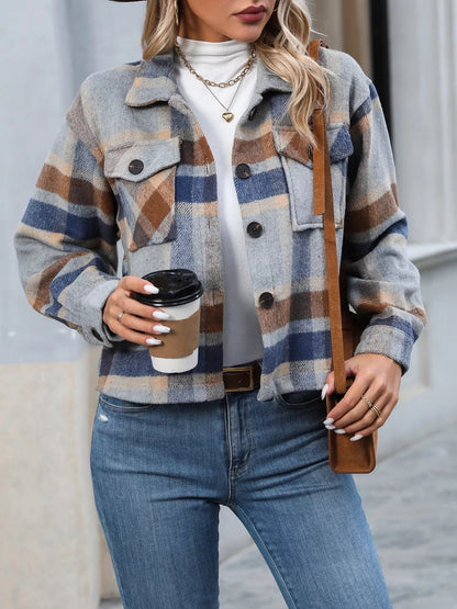 Plaid Oversized Button - Up Cropped Jacket - Rochelle's House LLC