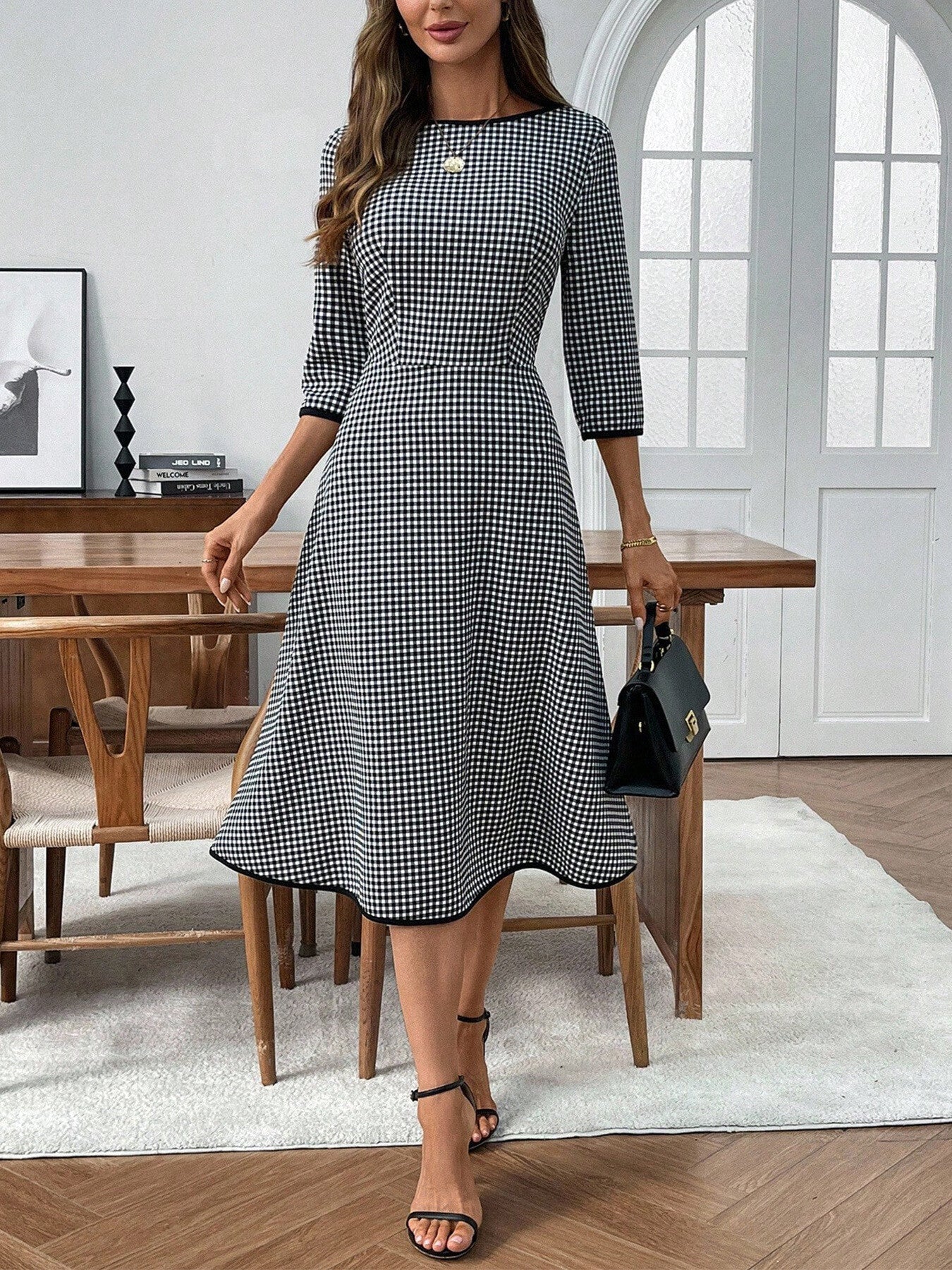 Plaid Round Neck 3/4 Sleeve Dress - Rochelle's House LLC