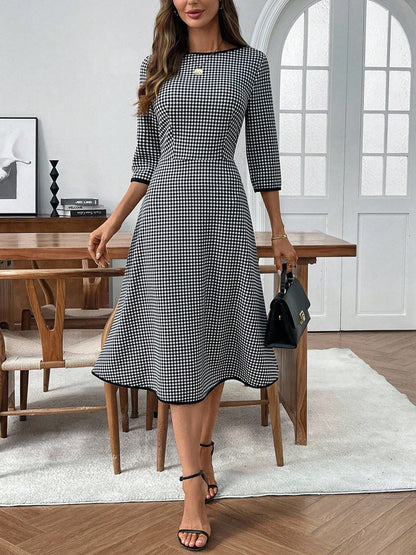 Plaid Round Neck 3/4 Sleeve Dress - Rochelle's House LLC
