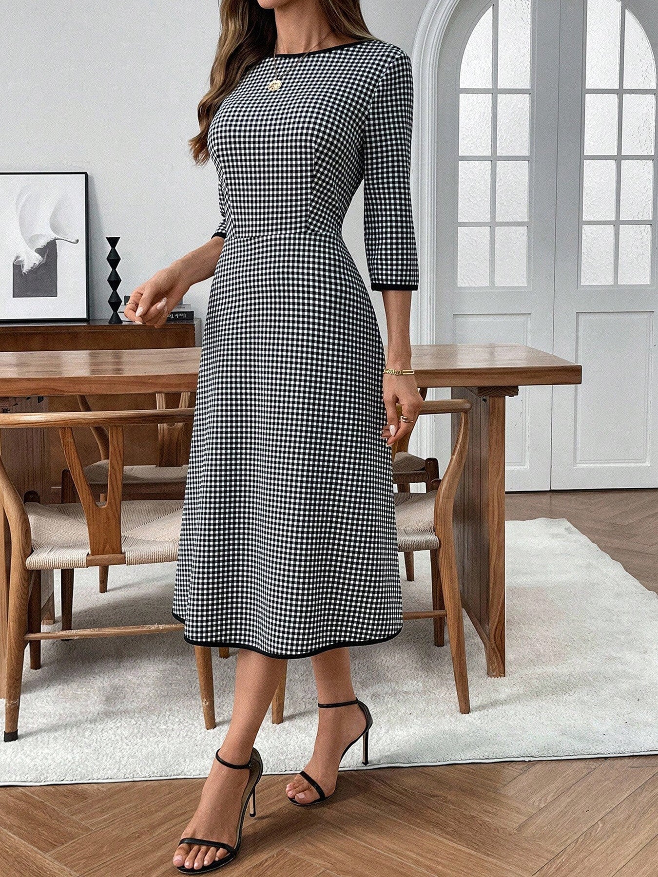 Plaid Round Neck 3/4 Sleeve Dress - Rochelle's House LLC