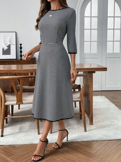 Plaid Round Neck 3/4 Sleeve Dress - Rochelle's House LLC