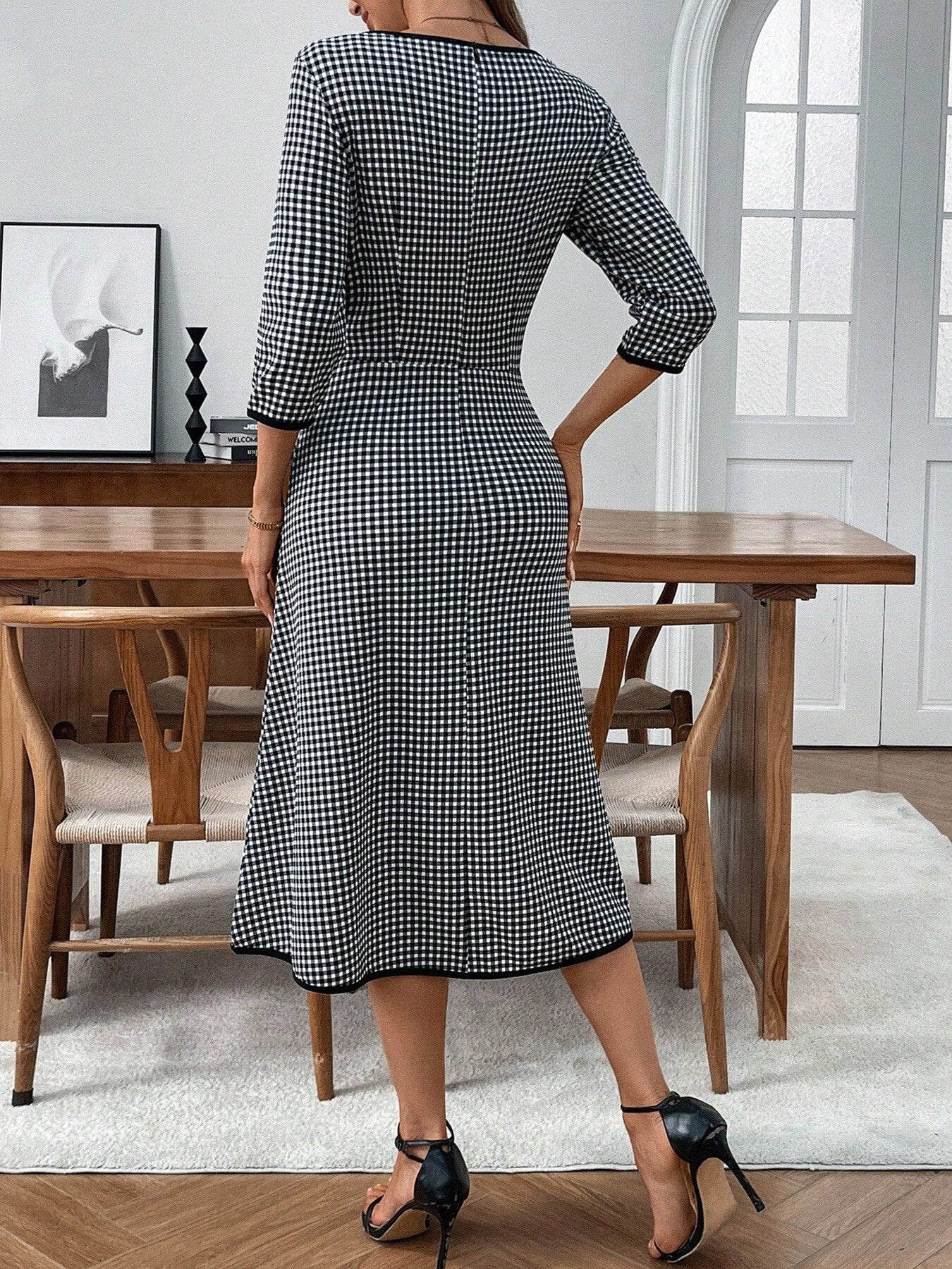 Plaid Round Neck 3/4 Sleeve Dress - Rochelle's House LLC