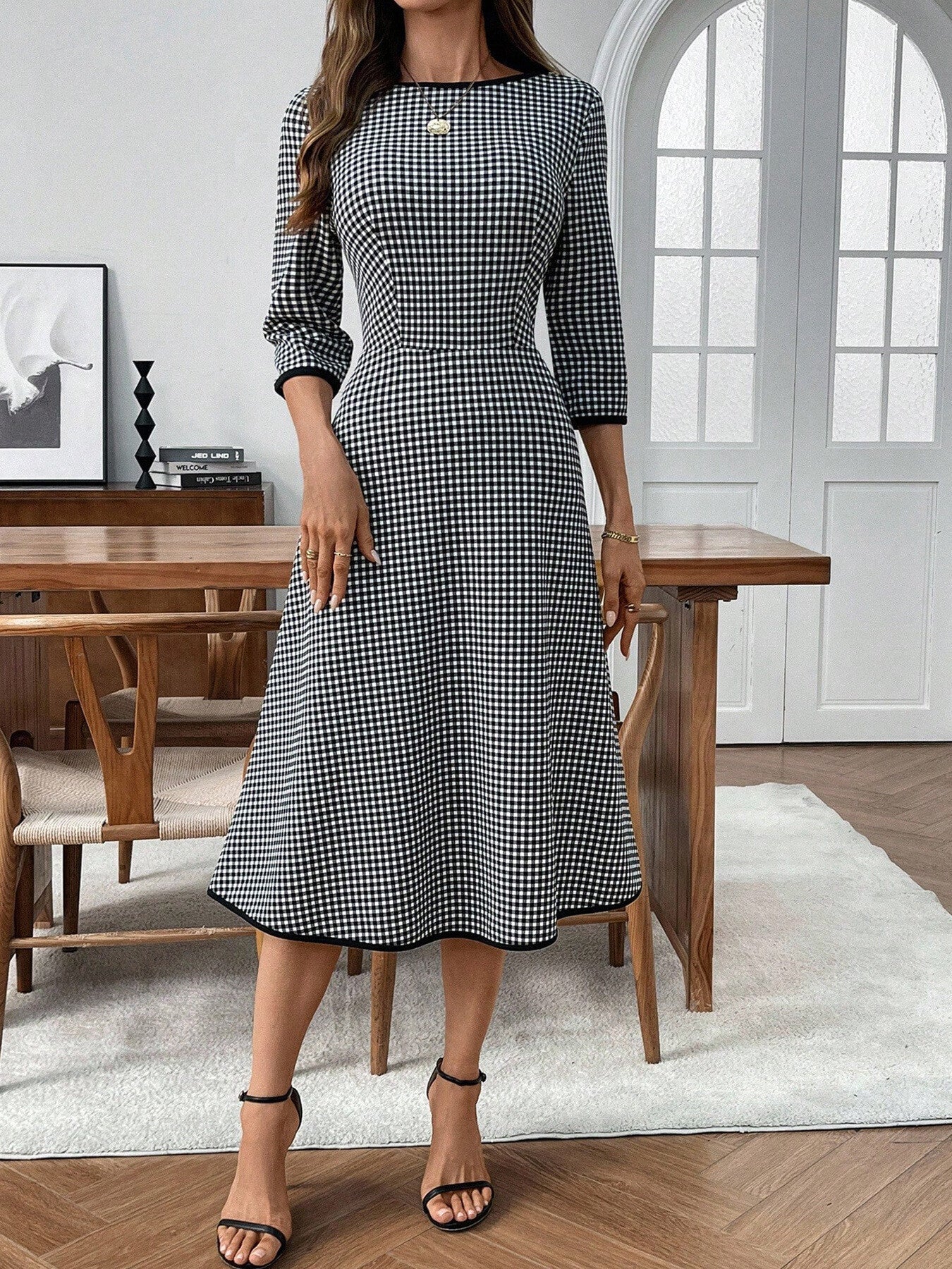 Plaid Round Neck 3/4 Sleeve Dress - Rochelle's House LLC