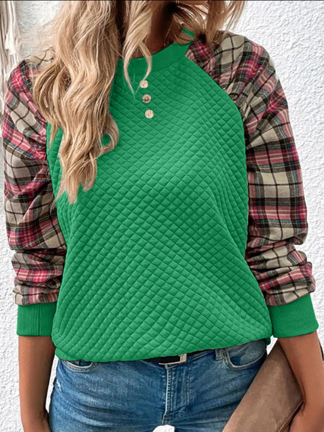 Front view of Plaid Round Neck Sweatshirt in Green showing neckline and sleeve details (100% polyester Construction Opaque)
