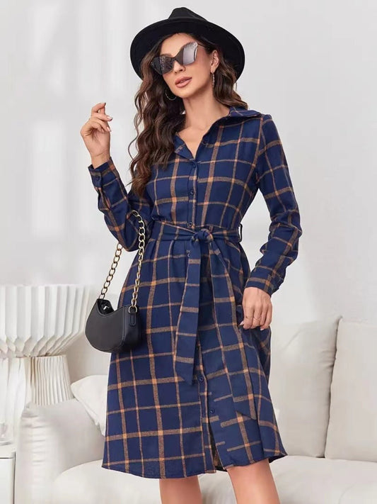 Front view of Plaid Tie Waist Long Sleeve Dress in Navy showing neckline and sleeve details