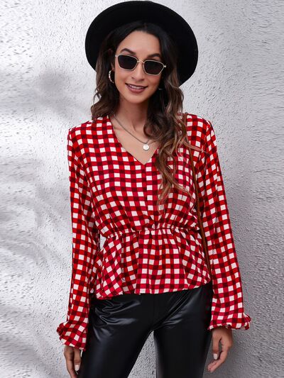 Front view of Plaid V-Neck Balloon Sleeve Peplum Blouse in Deep Red showing neckline and sleeve details (100% polyester)