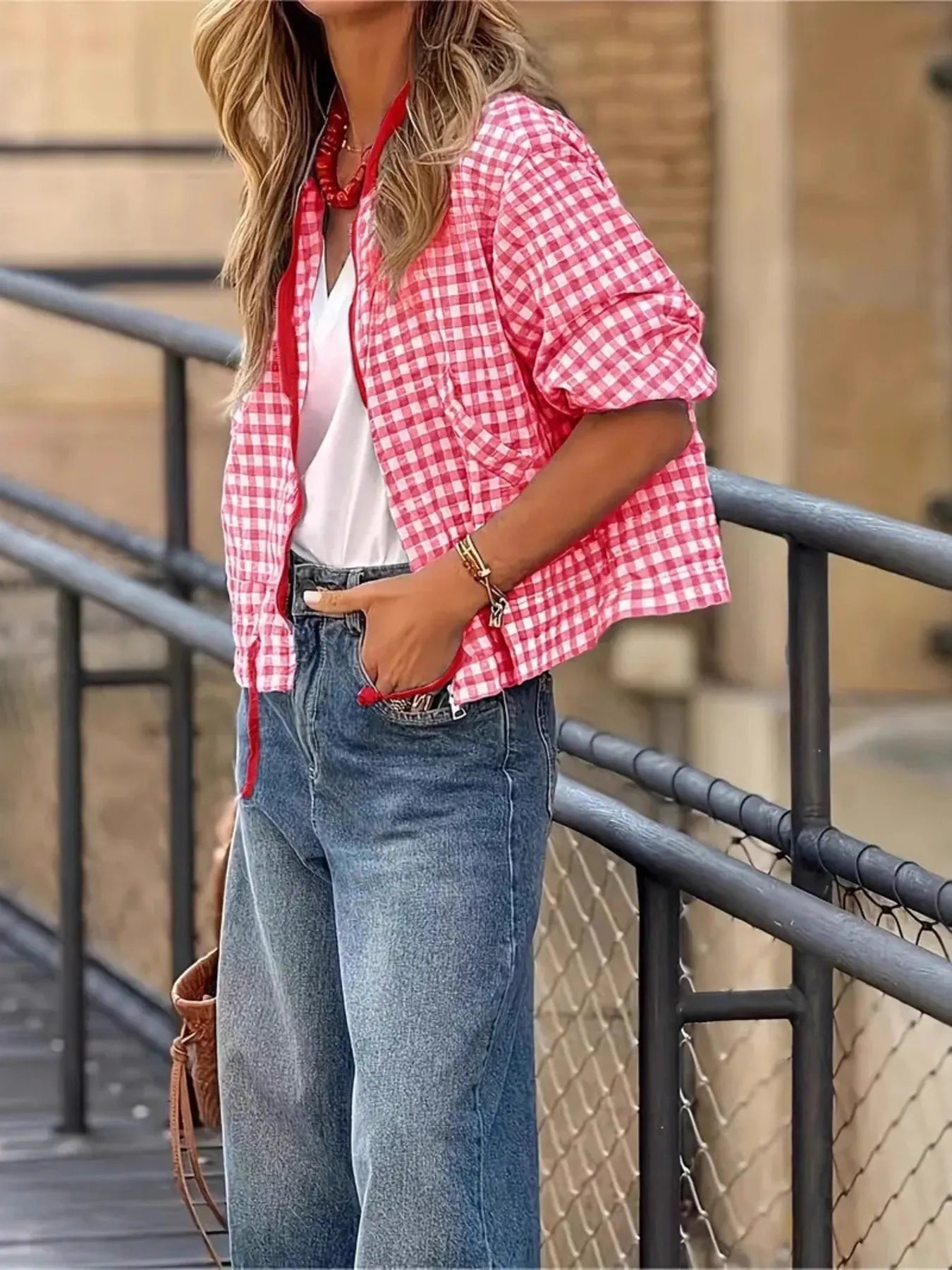 Front view of Plaid Zip Up Long Sleeve Jacket in Pink showing neckline and sleeve details