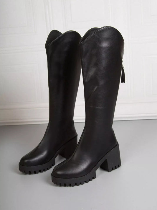 Front view of Platform Block Heels Boots in Black showing neckline and sleeve details