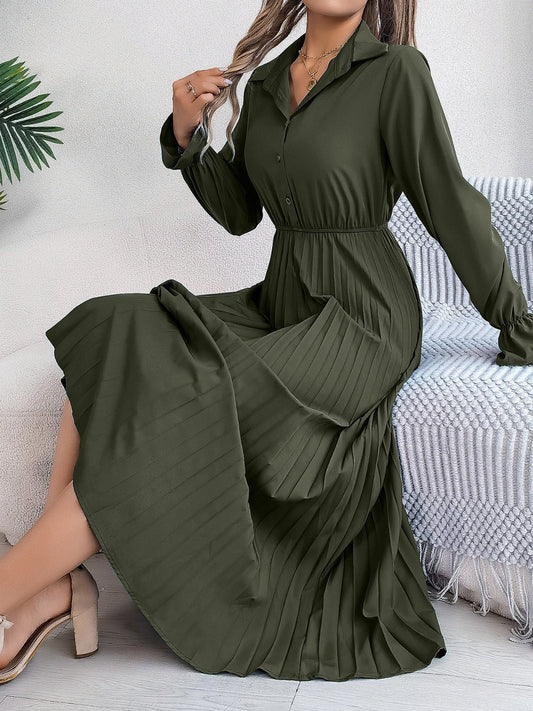 Front view of Pleated Half Button Long Sleeve Midi Dress in Army Green showing neckline and sleeve details