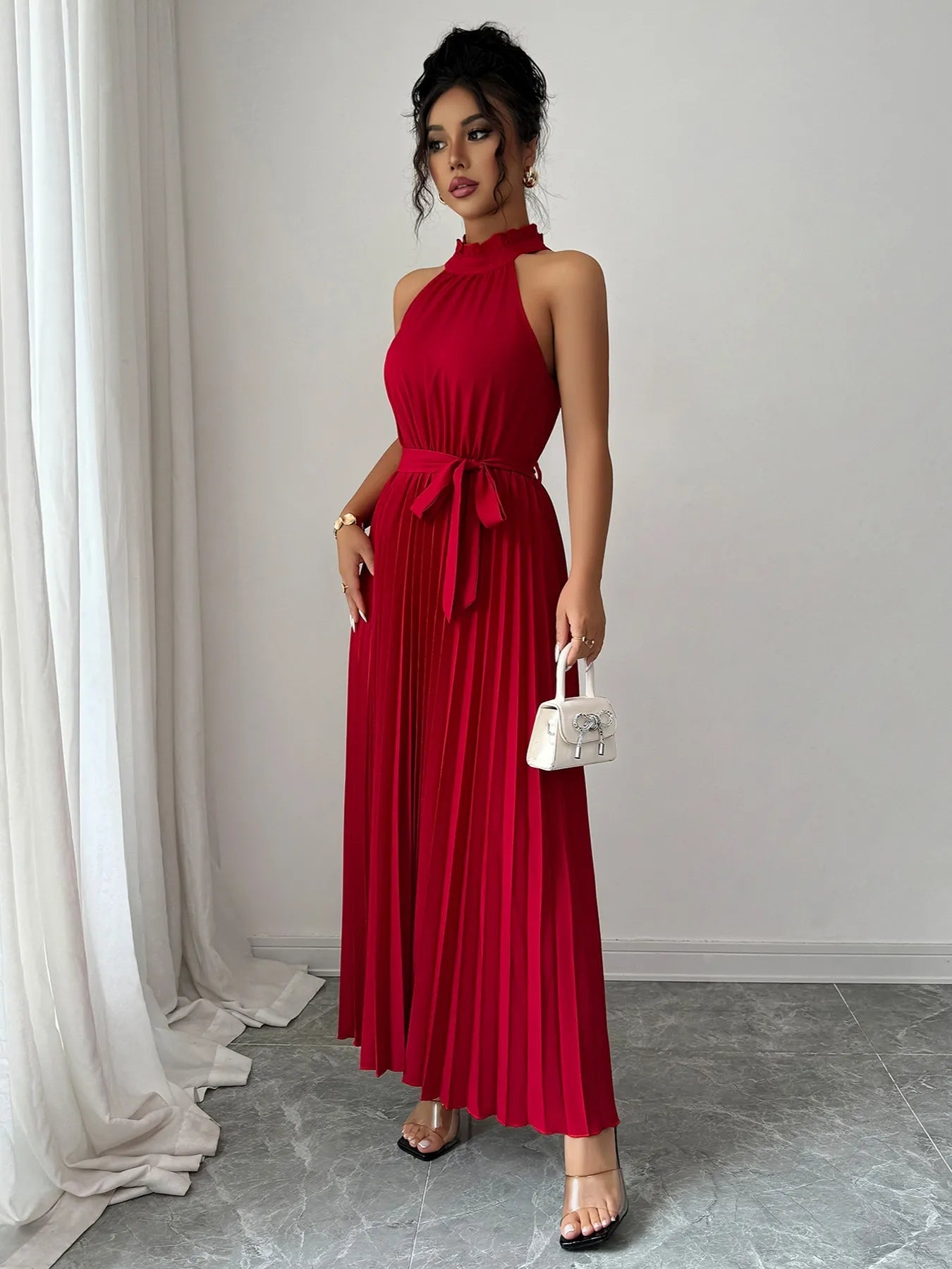 Pleated Halter Neck Tie Waist Maxi Dress - Rochelle's House LLC