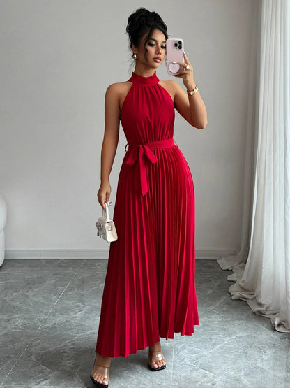 Pleated Halter Neck Tie Waist Maxi Dress - Rochelle's House LLC