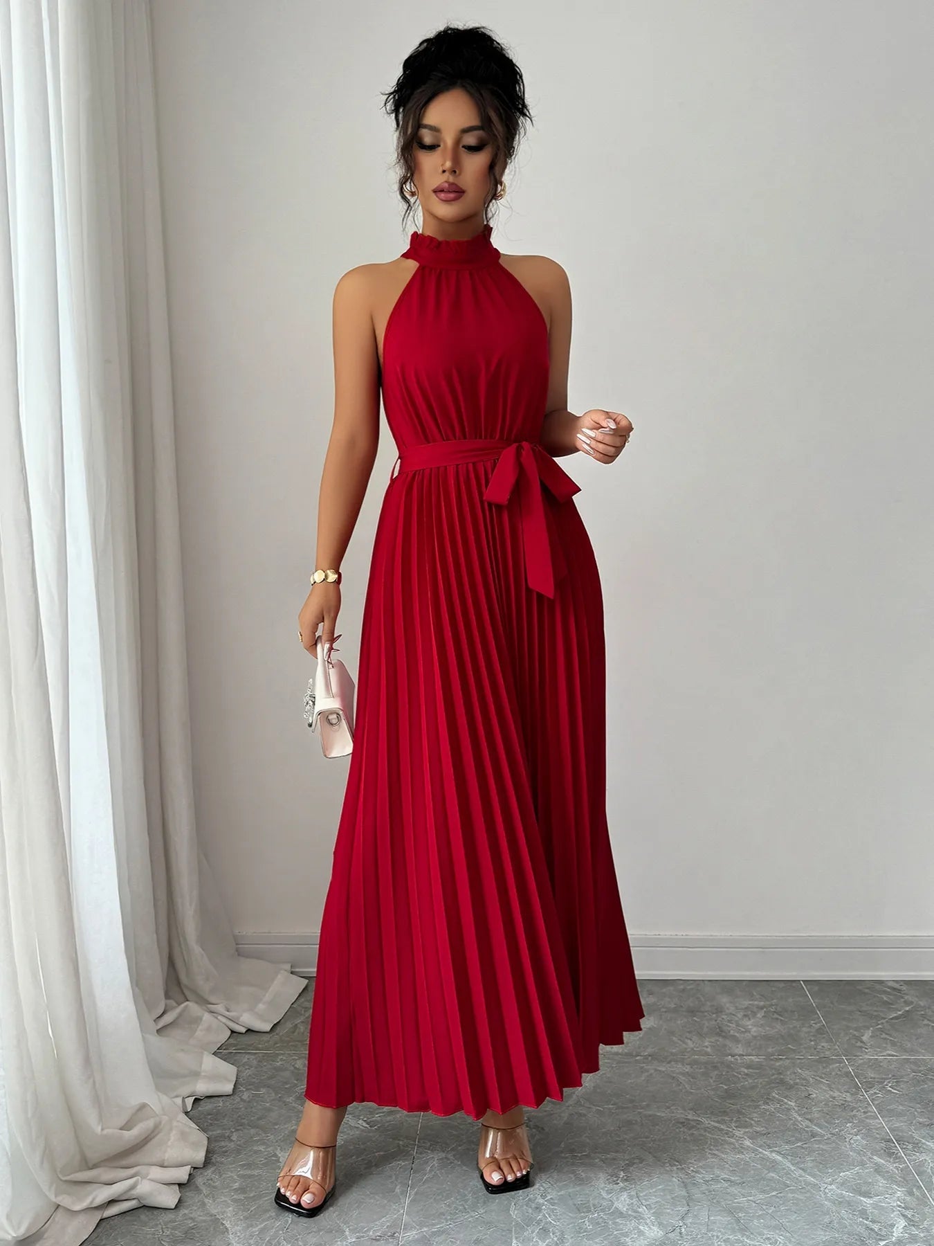 Pleated Halter Neck Tie Waist Maxi Dress - Rochelle's House LLC