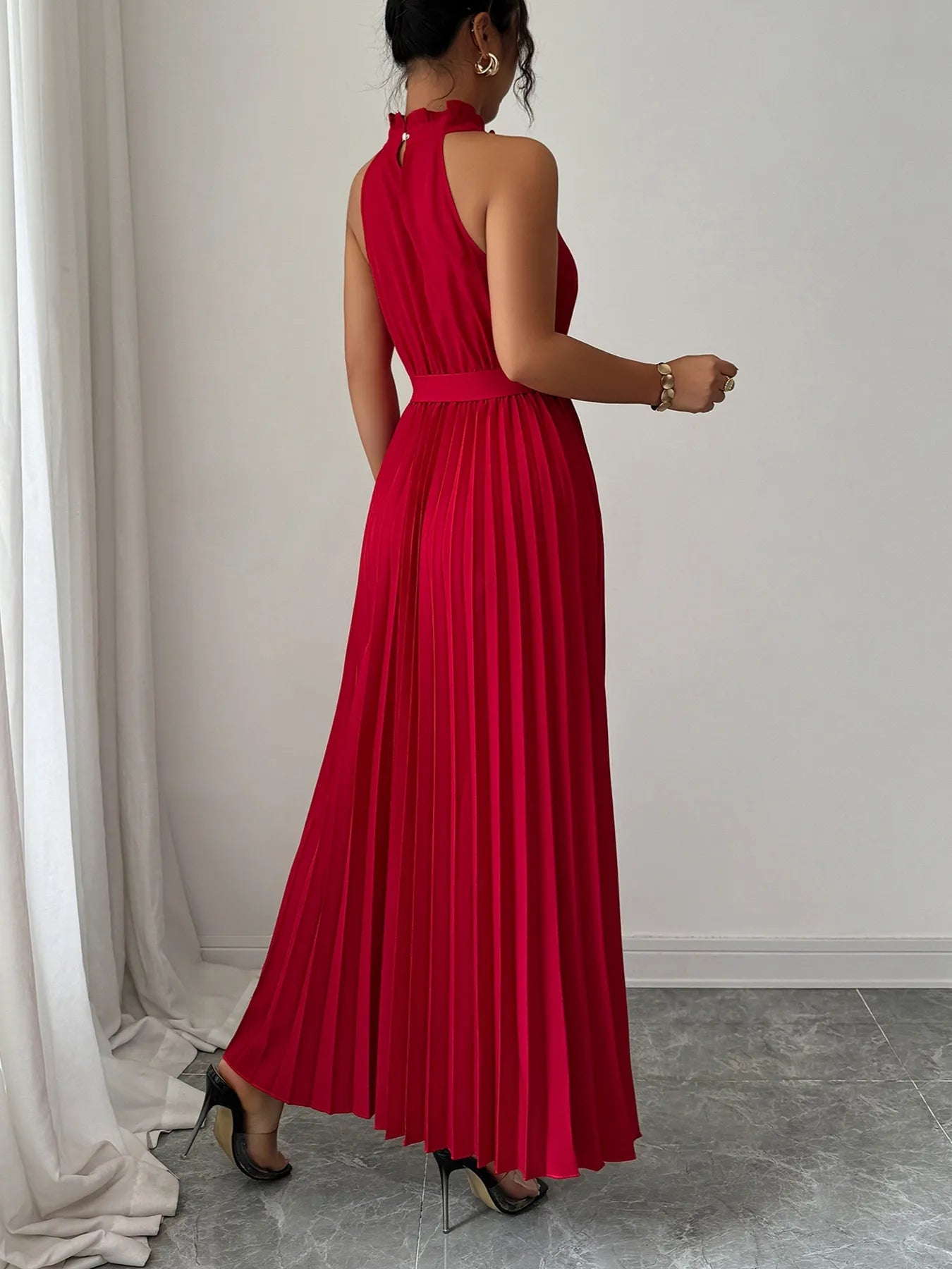 Pleated Halter Neck Tie Waist Maxi Dress - Rochelle's House LLC