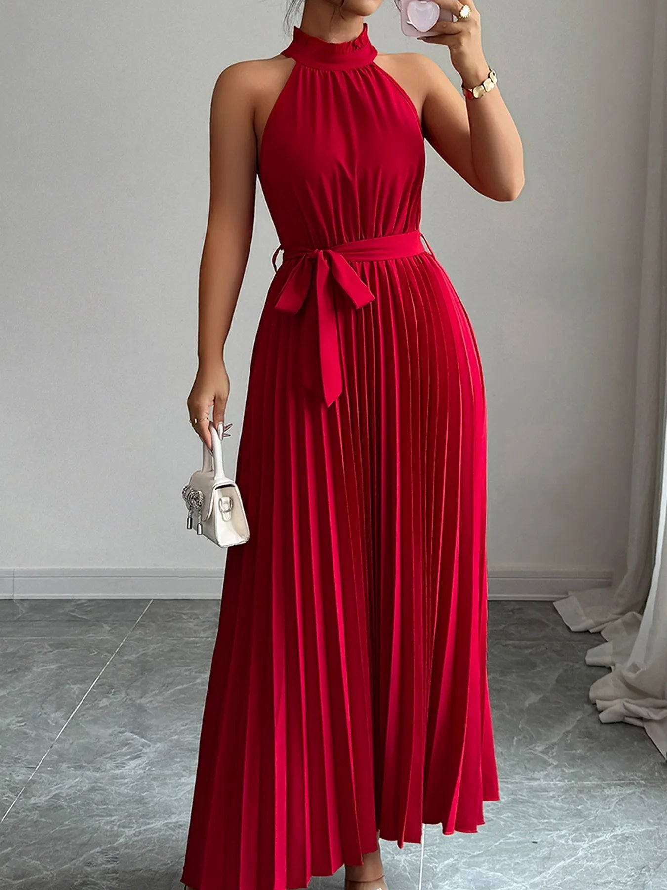 Pleated Halter Neck Tie Waist Maxi Dress - Rochelle's House LLC