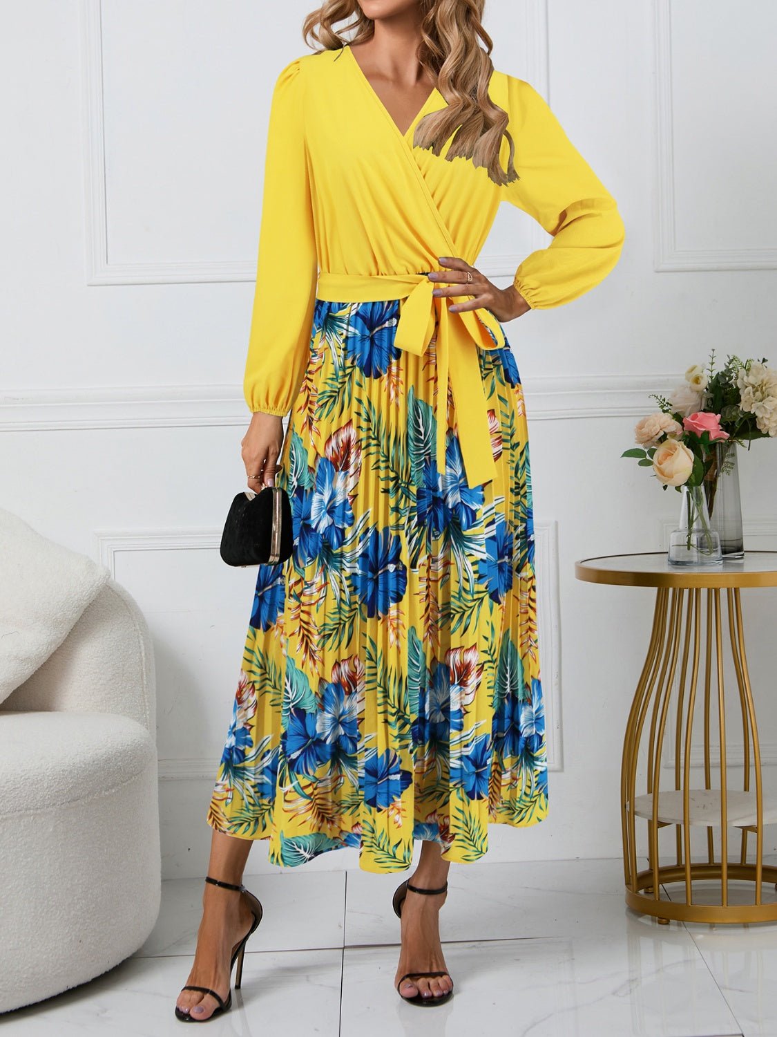 Front view of Pleated Printed Surplice Long Sleeve Dress in Yellow showing neckline and sleeve details