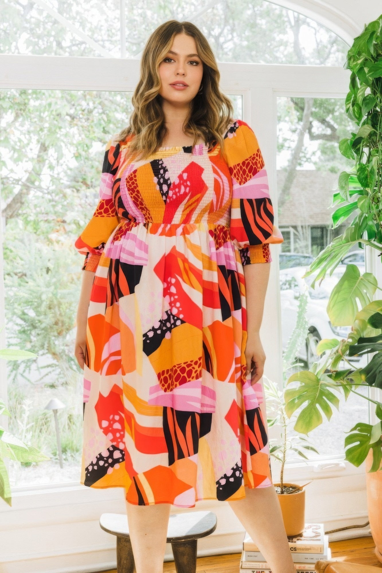 Front view of Plus Floral Print Square Neckline Midi Dress showing neckline and sleeve details (83% rayon and)