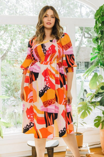 Front view of Plus Floral Print Square Neckline Midi Dress showing neckline and sleeve details (83% rayon and)