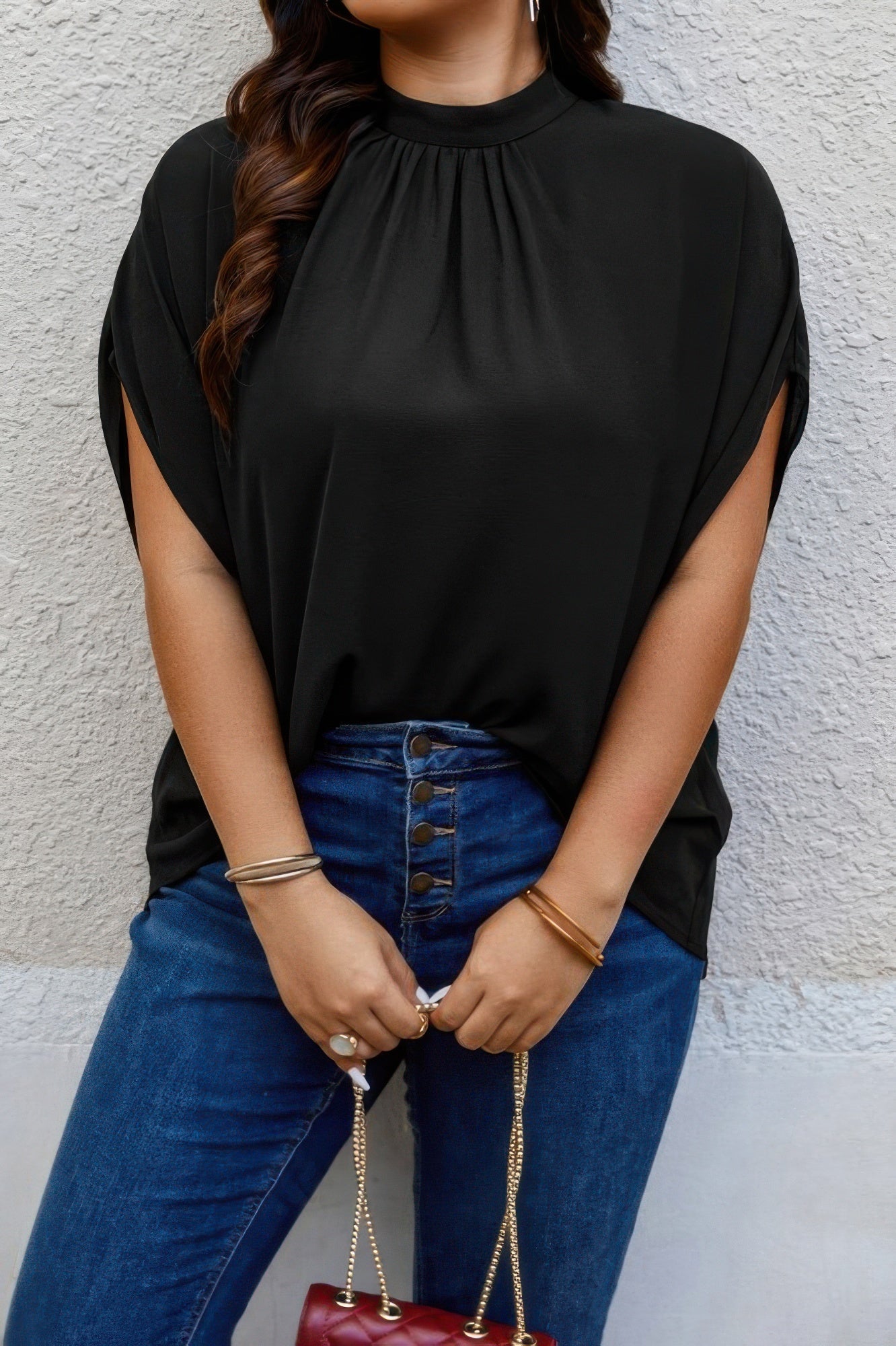 Plus Mock Neck Batwing Sleeve Loose Tunic Top - Rochelle's House LLC