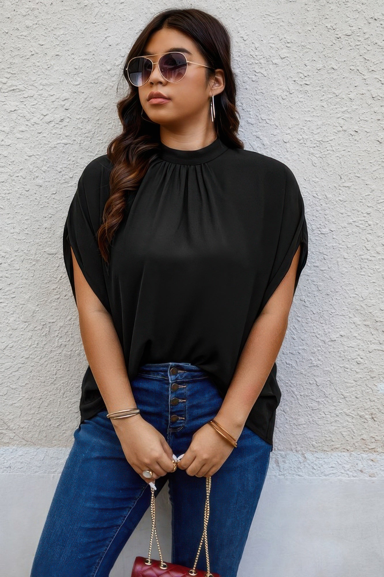 Plus Mock Neck Batwing Sleeve Loose Tunic Top - Rochelle's House LLC