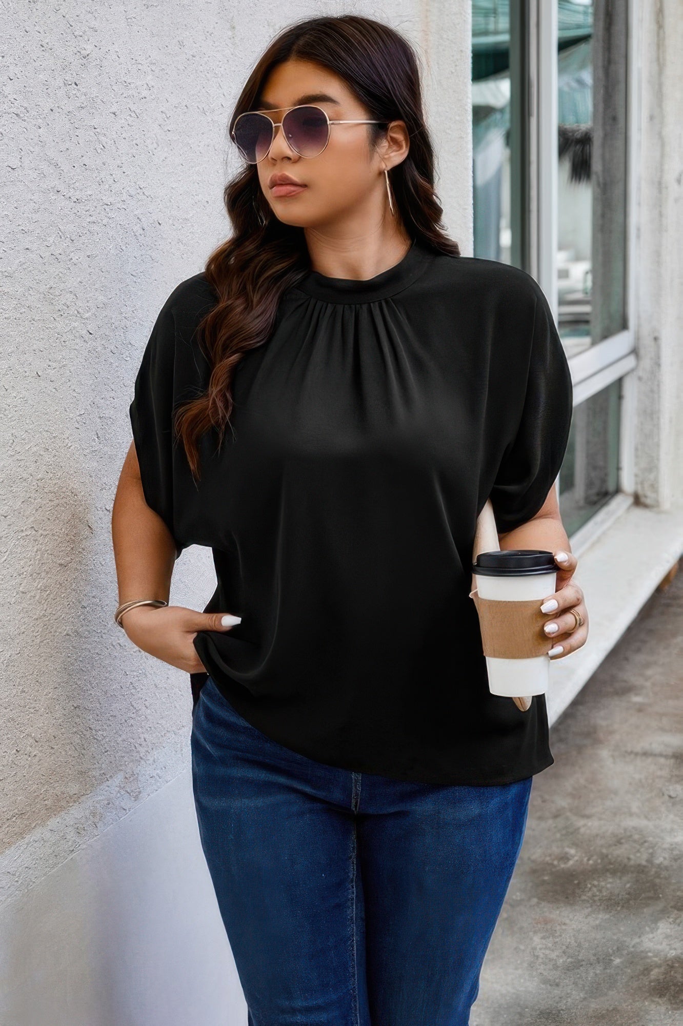 Plus Mock Neck Batwing Sleeve Loose Tunic Top - Rochelle's House LLC